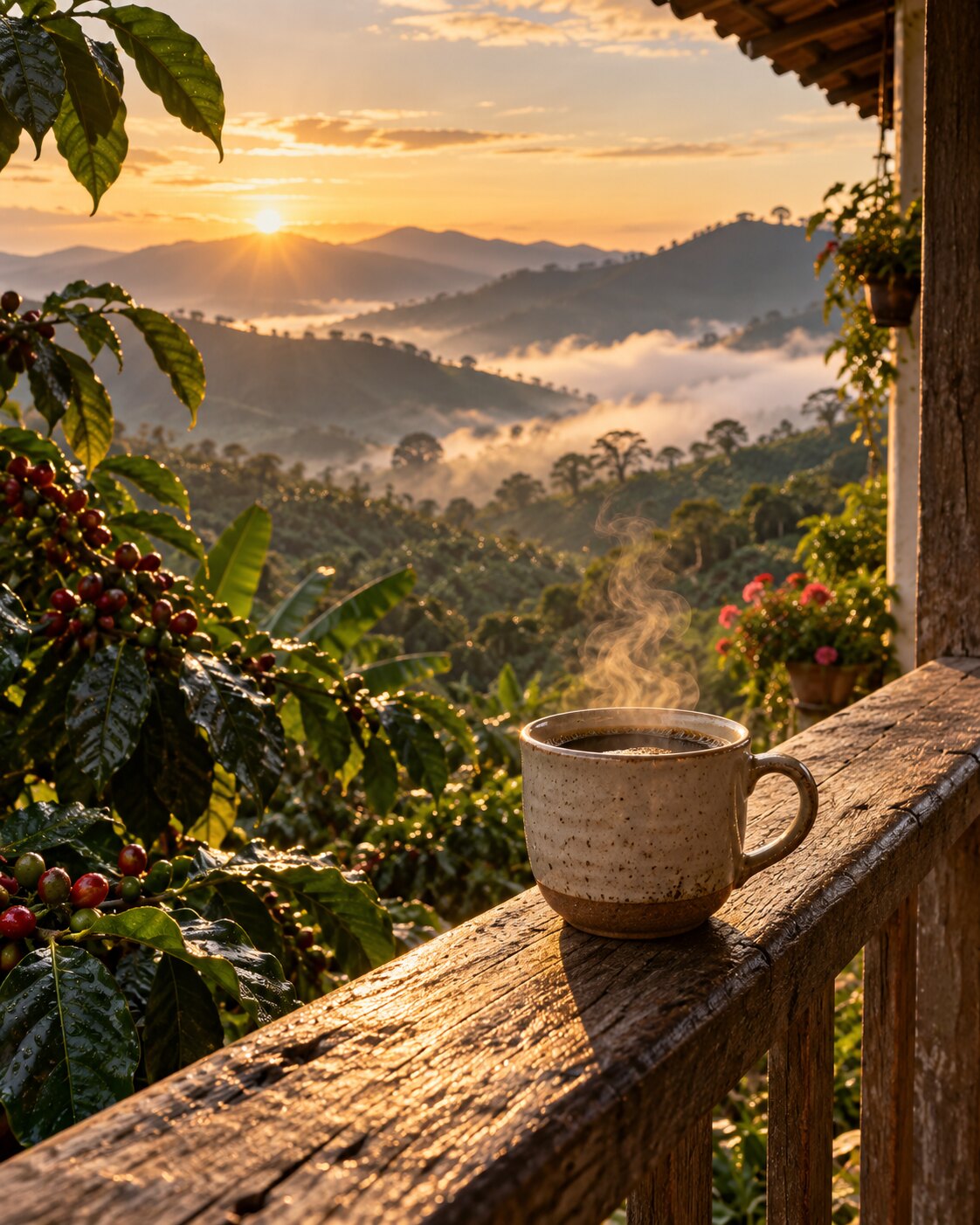 Taza de café frente a un valle montañoso al amanecer, escena ilustrativa